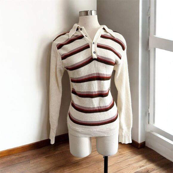 Vintage Montgomery Ward Cream Stripe Polo Collared Sweater Button M - Picture 1 of 7